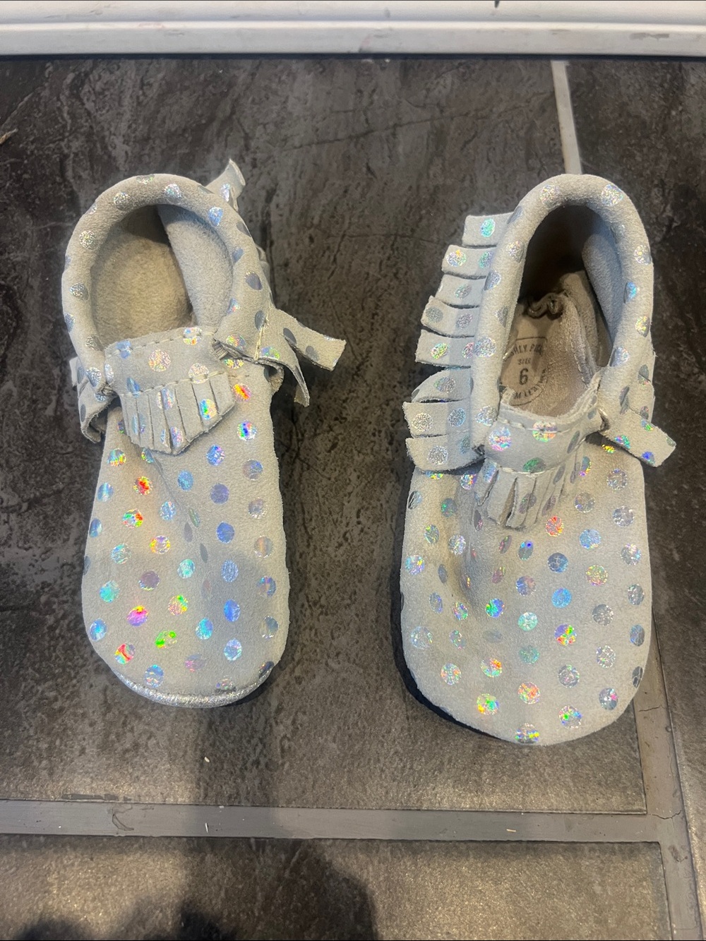 Freshly Picked Silver Holographic Dot Fringe Moccasins